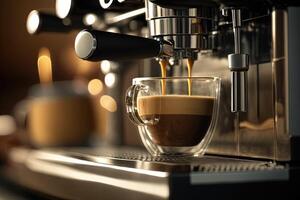 Close-up of espresso pouring from coffee machine. Professional coffee brewing illustration photo