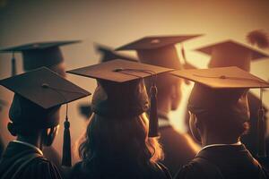 group of graduates during commencement at the college close up at graduate cap illustration photo