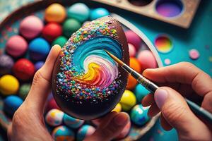 cerca - arriba de un mano participación un recién pintado Pascua de Resurrección huevo, con un cepillo y un paleta de vibrante colores cerca Pascua de Resurrección ilustración generativo ai foto