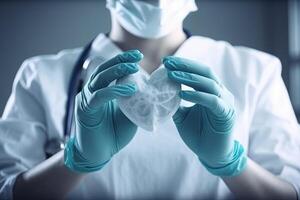 detail of Doctor hands wearing gloves holding heart in hand, heart care concept illustration photo
