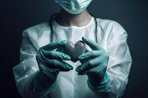 detail of Doctor hands wearing gloves holding heart in hand, heart care concept illustration photo