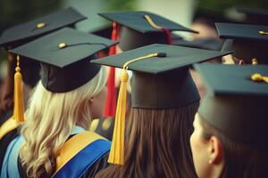 group of graduates during commencement at the college close up at graduate cap illustration photo