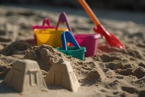 Holiday concept with sandcastle on the seaside and plastic beach toys close up illustration photo