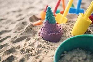 Holiday concept with sandcastle on the seaside and plastic beach toys close up illustration photo