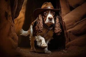 cocker spaniel perro arqueólogo con sombrero y látigo escapando desde peligro ilustración generativo ai foto