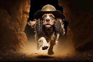 cocker spaniel perro arqueólogo con sombrero y látigo escapando desde peligro ilustración generativo ai foto