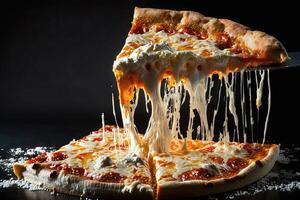 piece of freshly baked pizza cheese melted on black background illustration photo