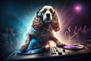 cocker spaniel perro animal es un residente DJ en el club personas bailando en antecedentes ilustración generativo ai foto