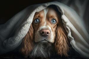 Cocker Spaniel dog nose emerging from blanket illustration photo