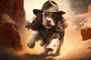 cocker spaniel perro arqueólogo con sombrero y látigo escapando desde peligro ilustración generativo ai foto