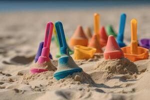 Holiday concept with sandcastle on the seaside and plastic beach toys close up illustration photo