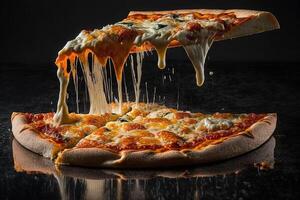 piece of freshly baked pizza cheese melted on black background illustration photo