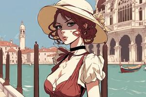 hermosa anime manga niña en Venecia Italia ilustración generativo ai foto