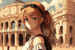 hermosa anime manga niña en Roma Italia ilustración generativo ai foto
