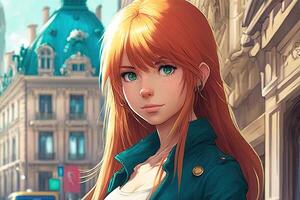 hermosa anime manga niña en París ilustración generativo ai foto