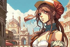 hermosa anime manga niña en Venecia Italia ilustración generativo ai foto