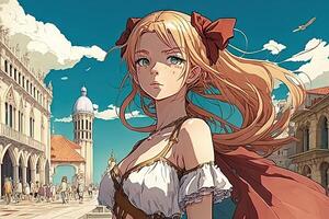 Beautiful anime manga girl in Venice Italy illustration photo