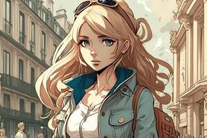 hermosa anime manga niña en París ilustración generativo ai foto