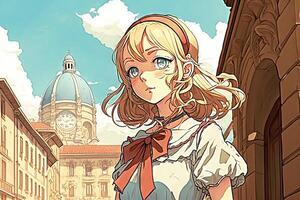hermosa anime manga niña en florencia Italia ilustración generativo ai foto