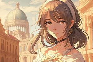 hermosa anime manga niña en Roma Italia ilustración generativo ai foto