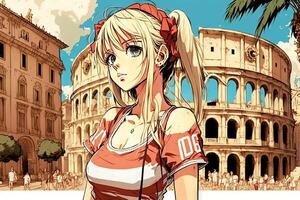 hermosa anime manga niña en Roma Italia ilustración generativo ai foto