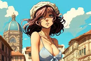 hermosa anime manga niña en Pisa propensión torre pueblo Italia ilustración generativo ai foto