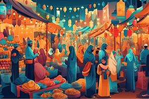 vistoso Ramadán kareem bazar, con vendedores de venta todo desde tradicional textiles a hecho a mano artesanía y dulces, manga estilo ilustración generativo ai foto