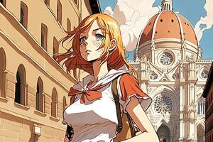 hermosa anime manga niña en florencia Italia ilustración generativo ai foto