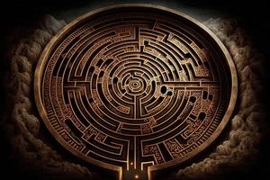 Circular maze Labyrinth, with arrows pointing towards a goal or destination, symbolizing the journey of life or personal growt illustration photo