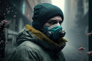 hombre vistiendo máscara en vacío ciudad porque de regreso de codicioso coronavirus pandemia ilustración generativo ai foto