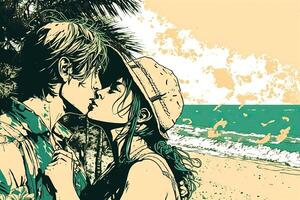 romántico Pareja besos en el playa, manga estilo ilustración generativo ai foto