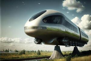 Concept of magnetic levitation train moving on the sky illustration photo