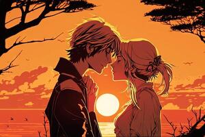 romántico Pareja besos a atardecer, manga estilo ilustración generativo ai foto
