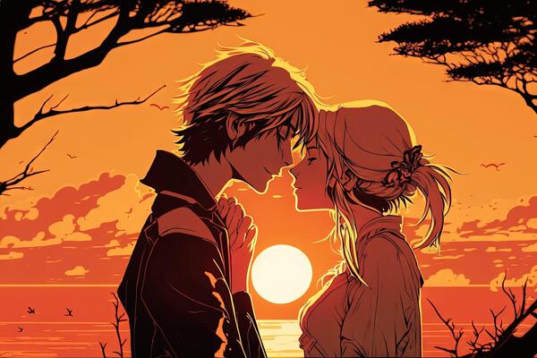 Download Anime Couple Kiss During Beautiful Sunset Wallpaper