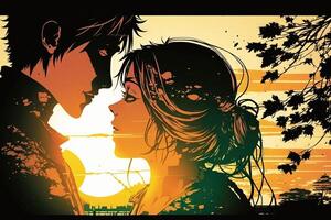 romántico Pareja besos a atardecer, manga estilo ilustración generativo ai foto