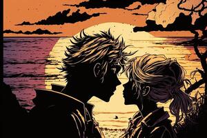 romántico Pareja besos a atardecer, manga estilo ilustración generativo ai foto