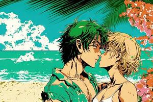 romántico Pareja besos en el playa, manga estilo ilustración generativo ai foto