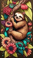 cute and whimsical sloth hanging from a tree branch, surrounded by vibrant flowers smartphone phone background lock screen wallpaper illustration photo