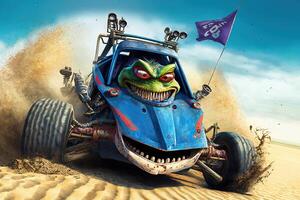 Crazy frog driving dune buggy on the sandy beach illustration photo