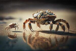 crab on the beach with small little cub crab illustration photo