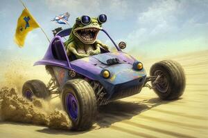 Crazy frog driving dune buggy on the sandy beach illustration photo