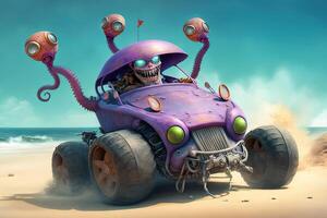 Crazy octopus driving dune buggy on the sandy beach illustration photo