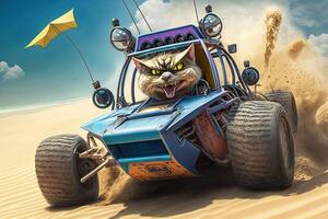 Crazy cat driving dune buggy on the sandy beach illustration photo