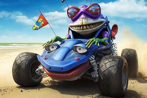 Crazy frog driving dune buggy on the sandy beach illustration photo