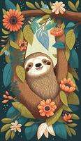 cute and whimsical sloth hanging from a tree branch, surrounded by vibrant flowers smartphone phone background lock screen wallpaper illustration photo