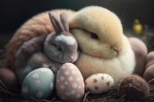 Cute bunny and chick cuddled up together, surrounded by pastel - colored Easter eggs Easter illustration photo