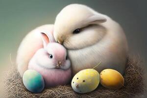 Cute bunny and chick cuddled up together, surrounded by pastel - colored Easter eggs Easter illustration photo