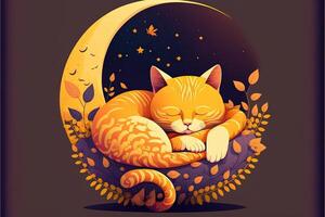 cat sleeping on half moon illustration photo