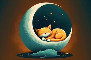 cat sleeping on half moon illustration photo