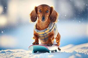 Dog snowboarder dachshund fills with joy from fast ride photo